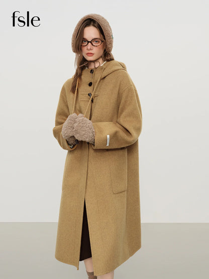 Damen Dufflecoat Langer Wintermantel mit Kapuze und Knebelverschlüssen