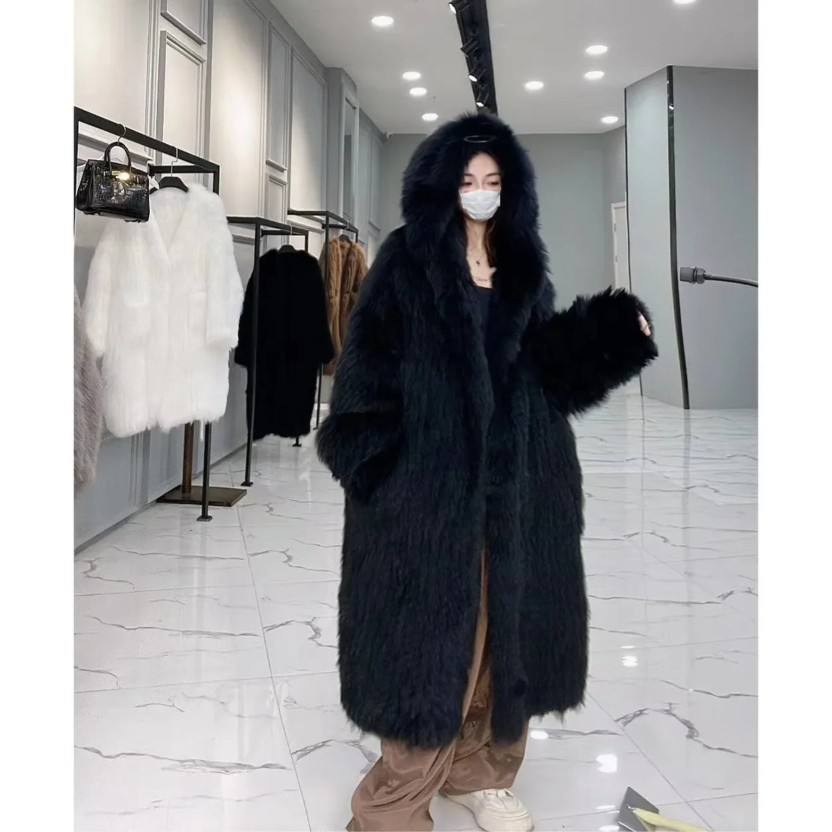 Damen Langer Kunstpelzmantel mit Kapuze, Teddyfell Optik, Mehrfarbig