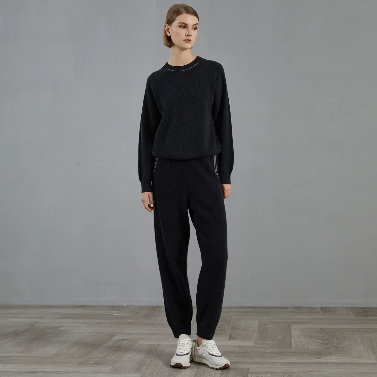 Damen Rundhals Pullover Gerippt mit Ziernaht