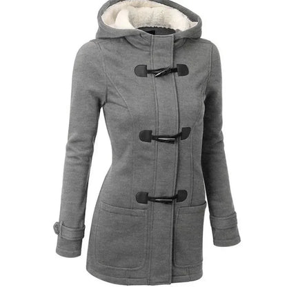 Damen Dufflecoat Jacke mit Kapuze und Knebelverschlüssen, warm gefüttert