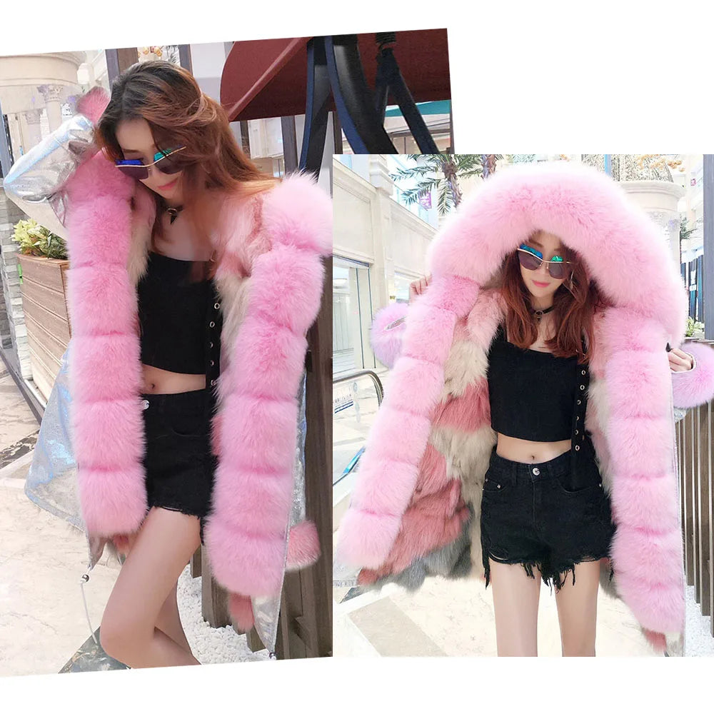 Damen Winterparka mit Kapuze & Pelzimitat-Futter in Rosa