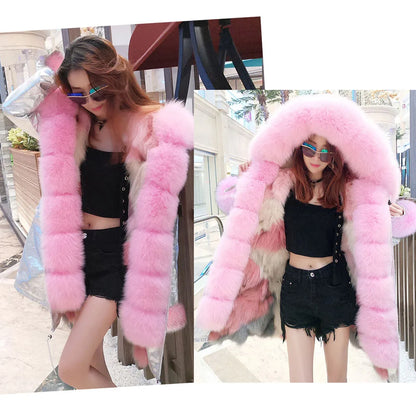 Damen Winterparka mit Kapuze & Pelzimitat-Futter in Rosa