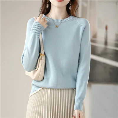 Damen Pullover Rundhals Langarm Strickpullover Einfarbig
