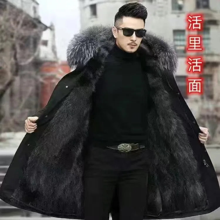 Herren Winterparka Schwarz mit Plüschfutter und Pelzbesatz Kapuze
