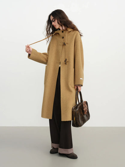 Damen Dufflecoat Langer Wintermantel mit Kapuze und Knebelverschlüssen