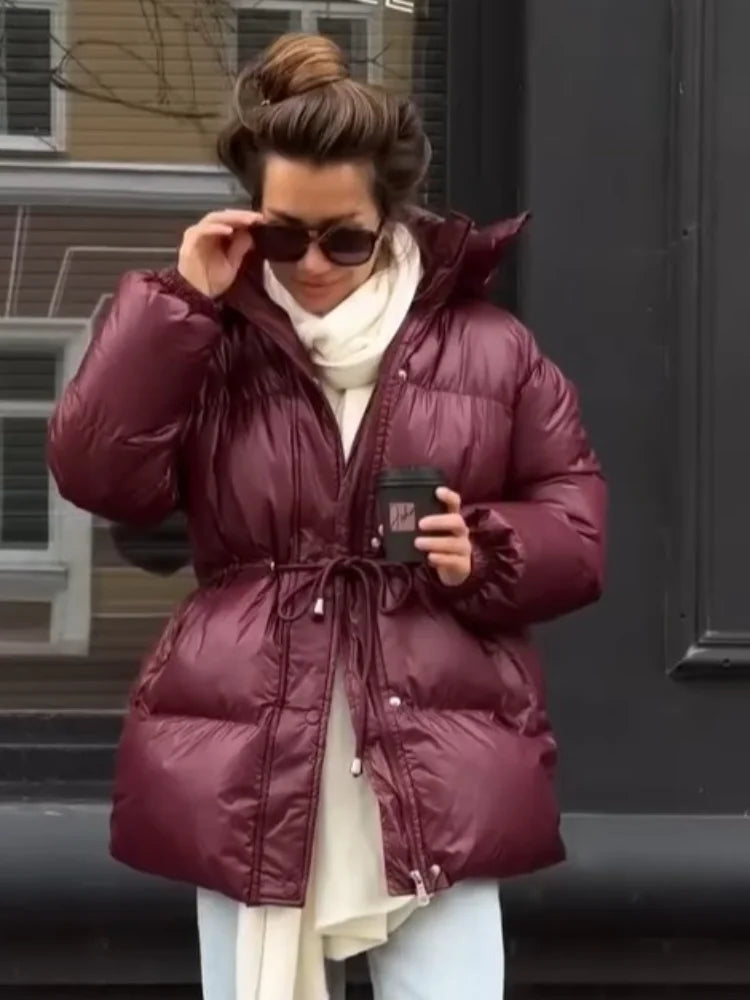 Damen Pufferjacke Stehkragen Gürtel Winterjacke
