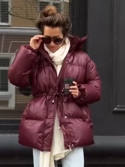 Damen Pufferjacke Stehkragen Gürtel Winterjacke