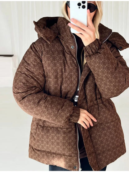 Damen Steppjacke mit Kapuze und Kordelzug, kurzer Puffermantel, gemustert