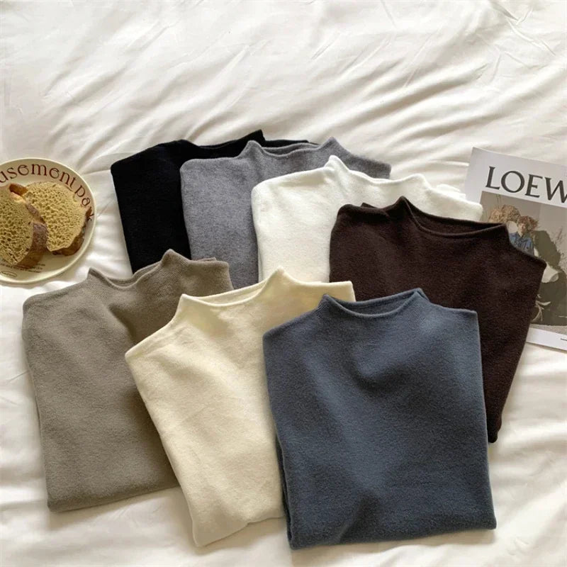 Damen Strickpullover Halbkragen Langarm Basic Oberteil