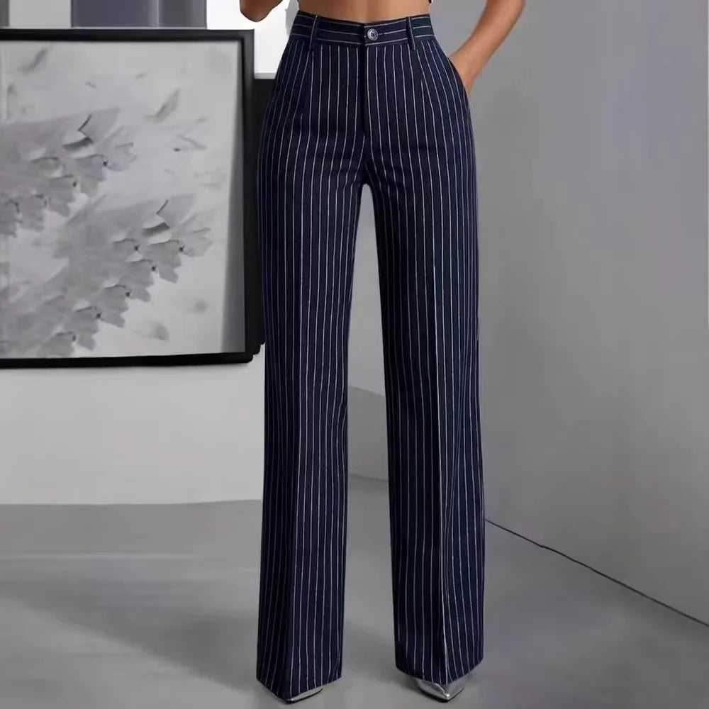 Damen High-Waist Stoffhose mit weitem Bein und Nadelstreifen