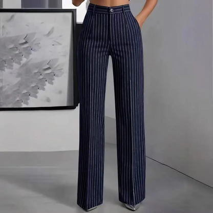 Damen High-Waist Stoffhose mit weitem Bein und Nadelstreifen