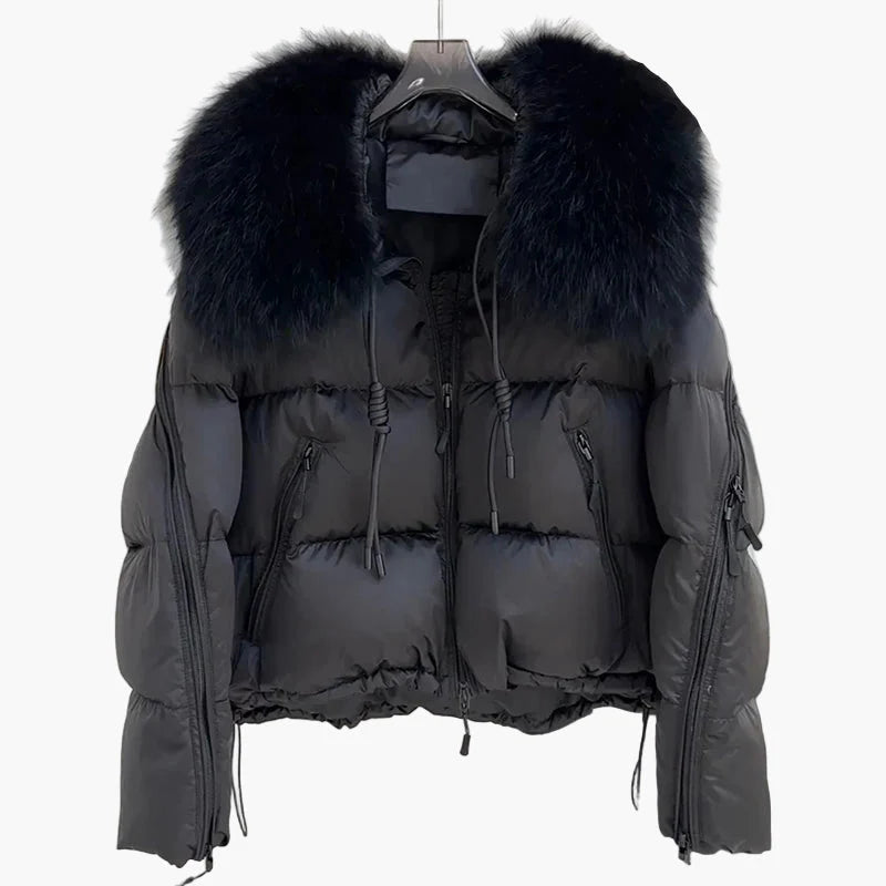 Damen Winter Daunenjacke mit Kapuze und Fellkragen – Modische warme Outdoorjacke