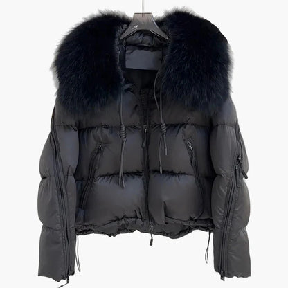 Damen Winter Daunenjacke mit Kapuze und Fellkragen – Modische warme Outdoorjacke