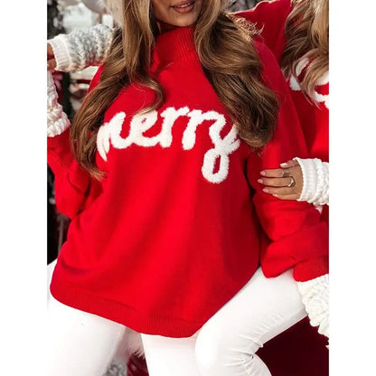 Roter Damen Strickpullover Weihnachtspullover mit Schriftzug und Rollkragen