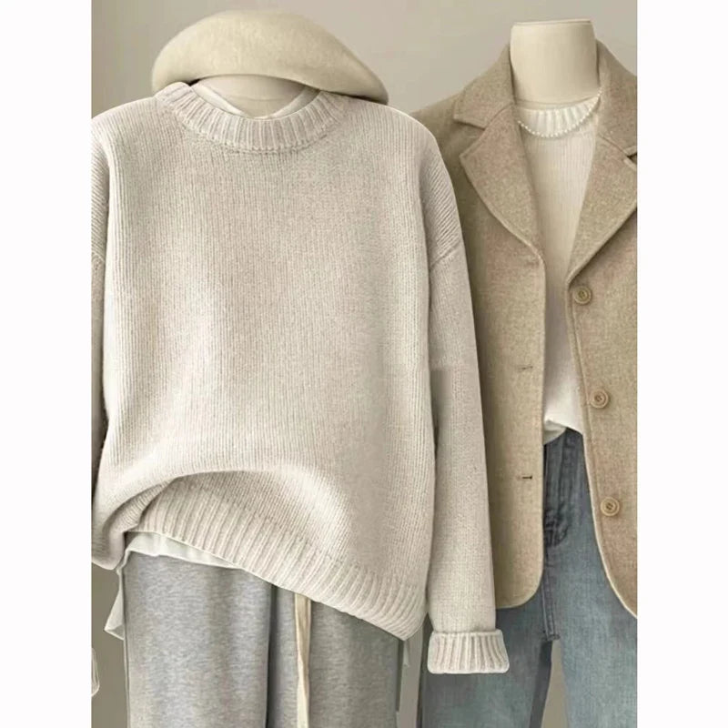 Damen Strickpullover Rundhals Rippstrick Oversize