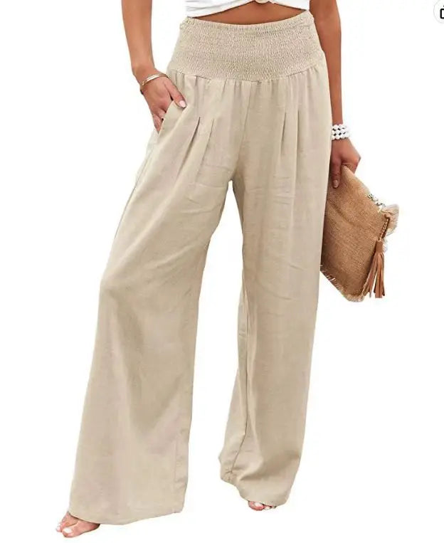 Damen Leinenhose mit weitem Bein und gerafftem Bund, lockere Freizeithose
