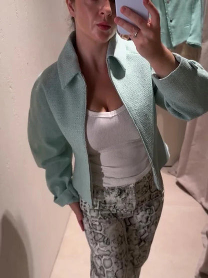 Damen Kurzjacke mit Reißverschluss – Mintgrün Struktur-Optik