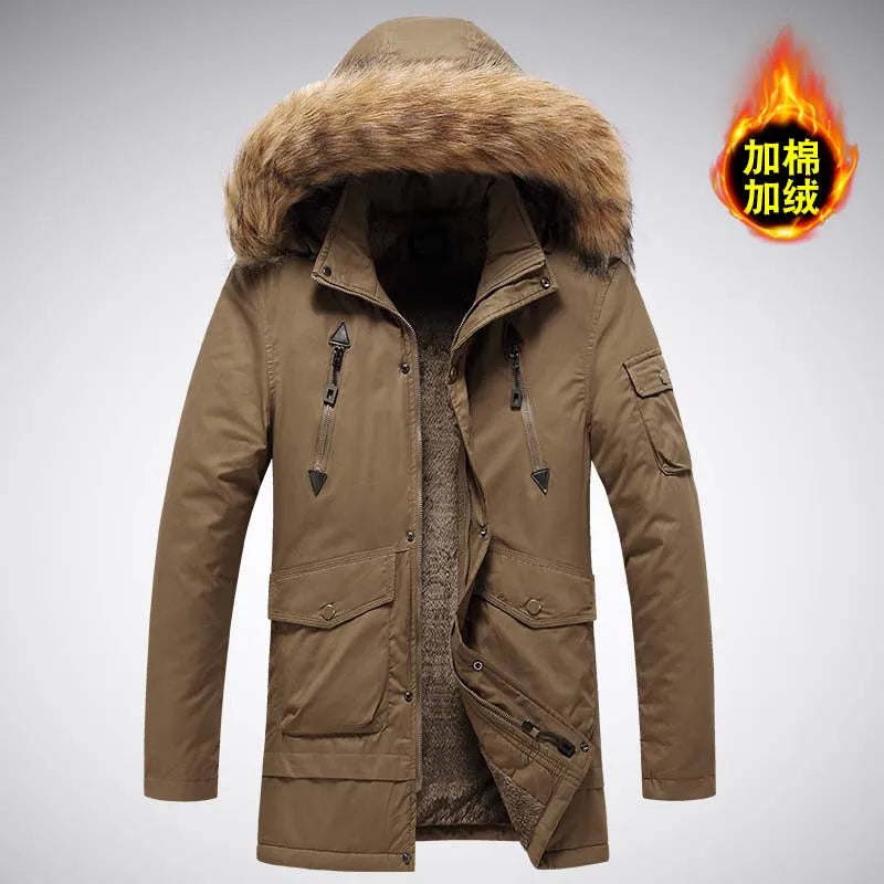 Herren Winterparka mit Kapuze und Pelzbesatz, warm gefütterte Jacke mit Reißverschluss- und Pattentaschen