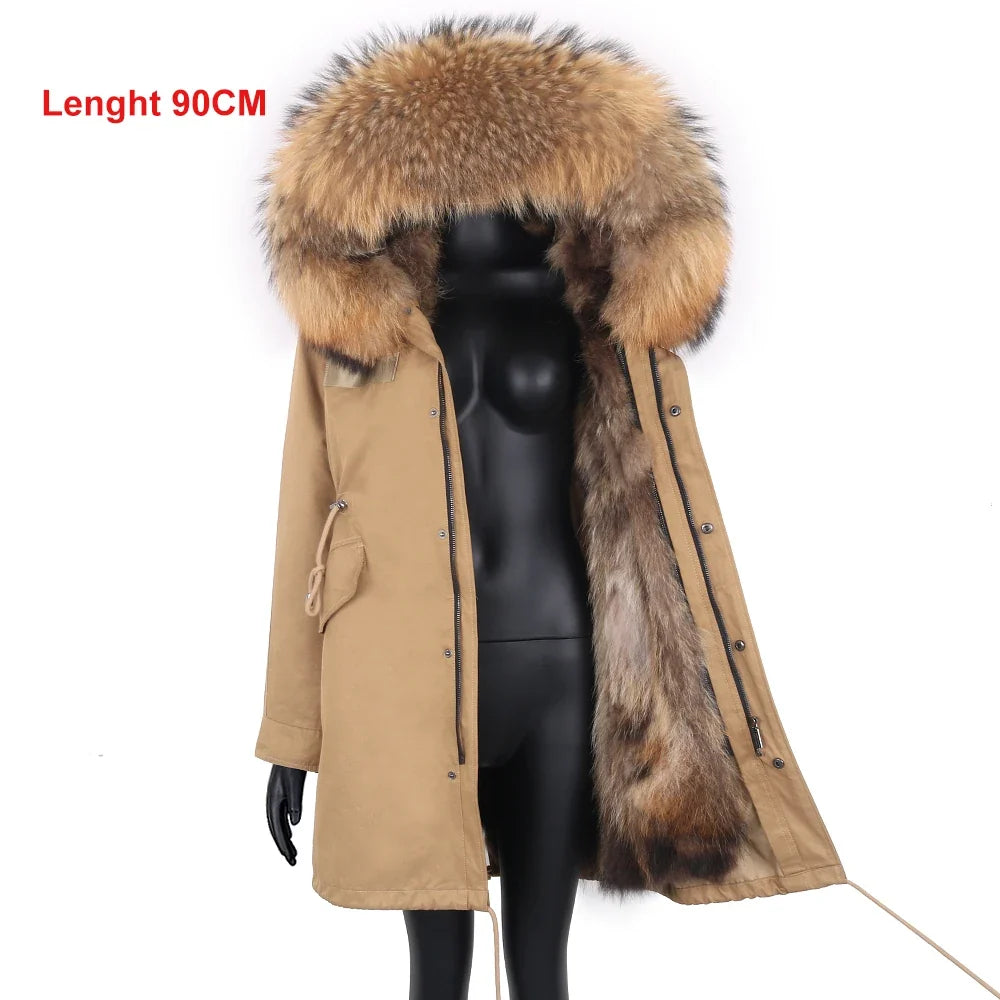 Damen Winterparka Schwarz mit Pelzbesatz Kapuze Lang