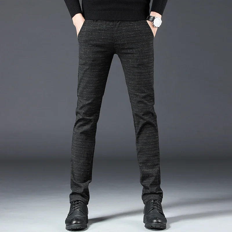 Herren Hose Grau Kariert Slim Fit Stoffhose