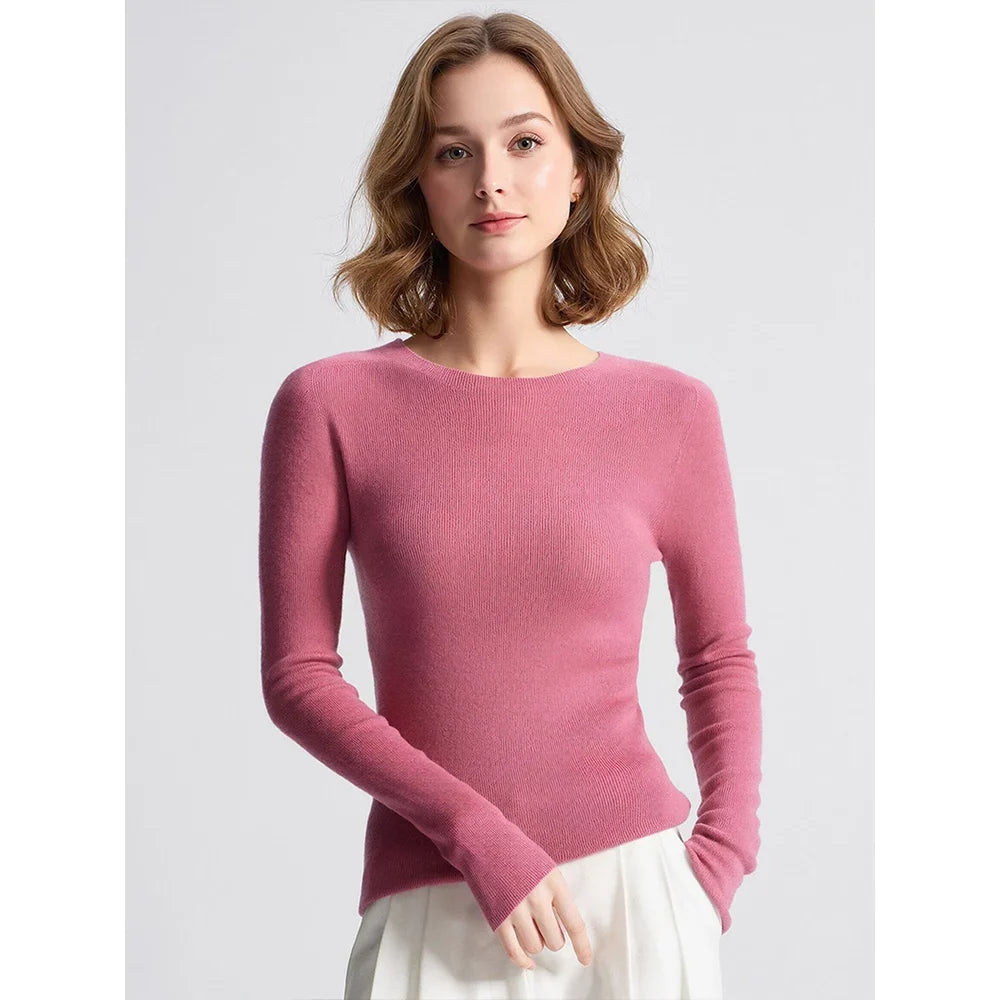 Damen Langarmshirt Rundhals Basic Slim Fit Pullover Gerippt