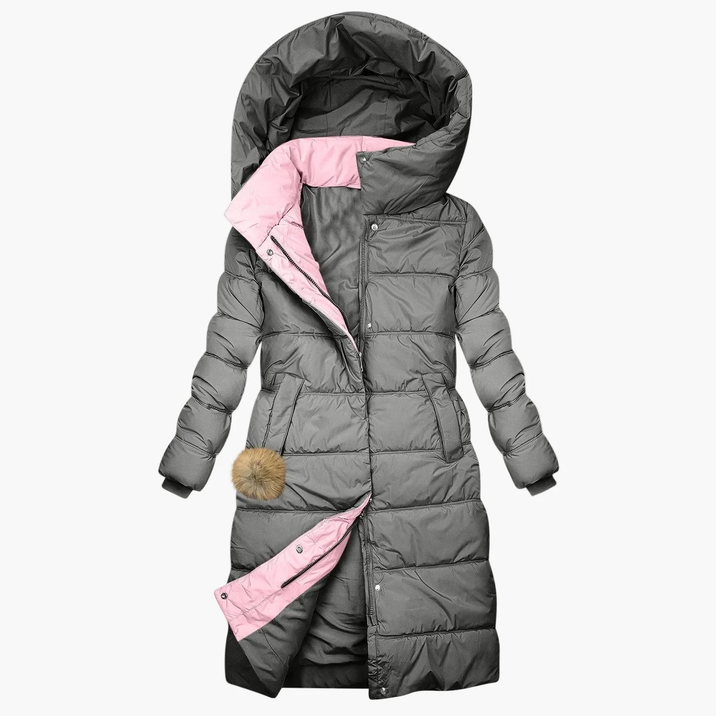 Damen Langer Winter Steppmantel mit Kapuze – Eleganter Kuschel-Parka für Alltag & Freizeit