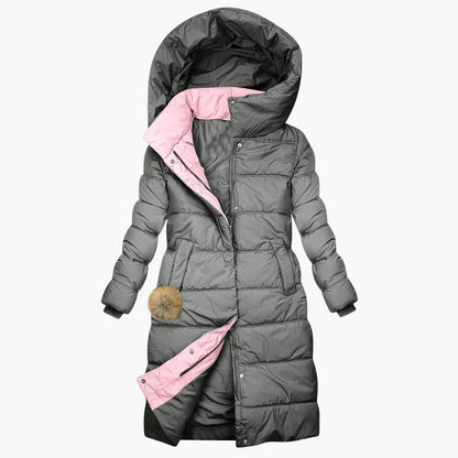 Damen Langer Winter Steppmantel mit Kapuze – Eleganter Kuschel-Parka für Alltag & Freizeit