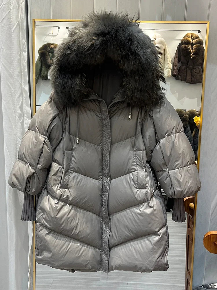 Damen Steppmantel mit Kapuze und Fellimitatbesatz, Warm Gefütterter Winterparka