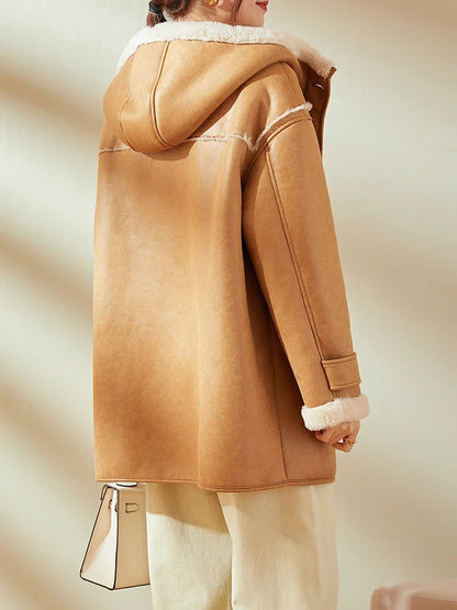 Damen Dufflecoat mit Kapuze und Plüschfutter, Karamellbraun