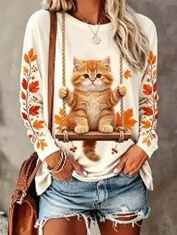 Damen Langarmshirt Rundhals mit Tier-Print Schaukelmotiv