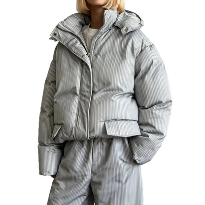 Gepolsterte Pufferjacke mit Kapuze für Damen, gestreift, Oversize-Passform