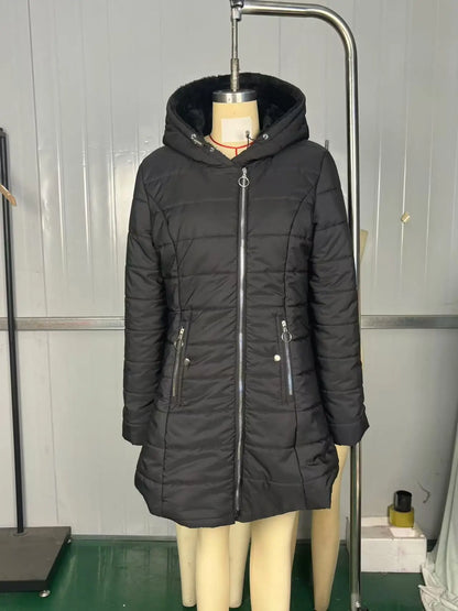 Damen Steppmantel Schwarz mit Kapuze und Reißverschlüssen, warmer Wintermantel