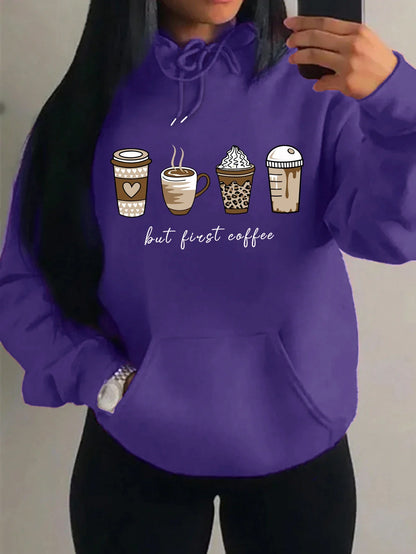 Damen Hoodie "But First Coffee" mit Kaffeetassen-Print Kapuzenpullover