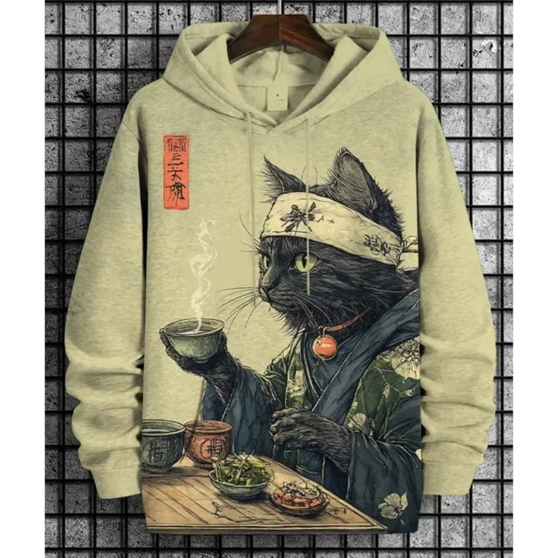 Hoodie mit Katzen-Print Kampfkunst-Motiv Beige Unisex Kapuzenpullover Kängurutasche