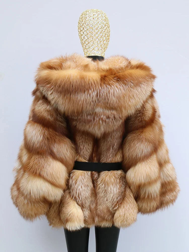 Kurze Fell-Kapuzenjacke mit Streifenmuster