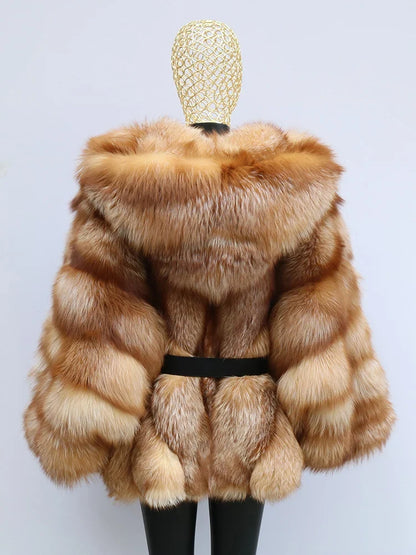 Kurze Fell-Kapuzenjacke mit Streifenmuster