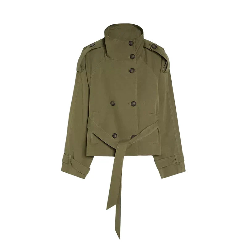 Damen Kurzjacke Trench-Stil Doppelreiher mit Bindegürtel Stehkragen