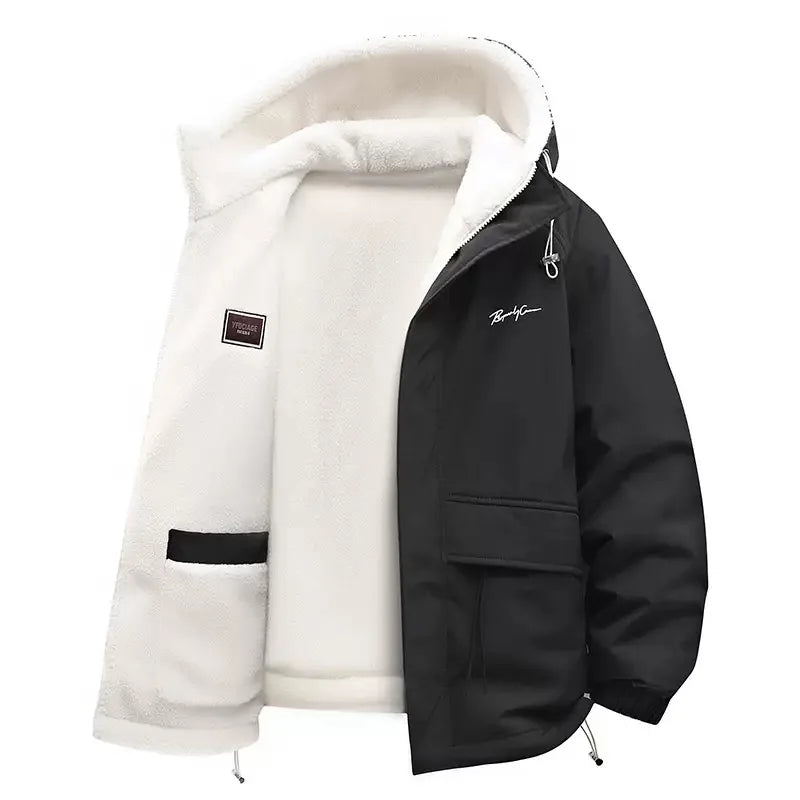 Herren Winterjacke mit Kapuze und Teddyfutter, Winddichte Übergangsjacke