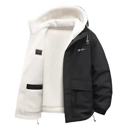 Herren Winterjacke mit Kapuze und Teddyfutter, Winddichte Übergangsjacke