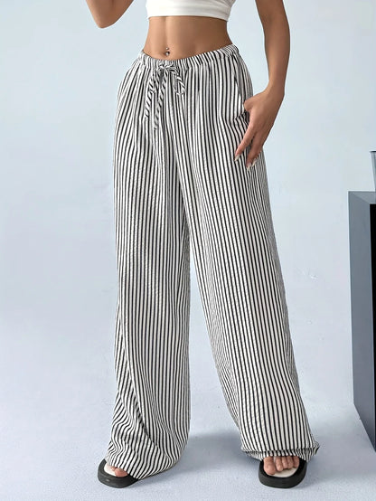 Damen Weite Hosen Schwarz Weiß Gestreift Kordelzug Hohe Taille