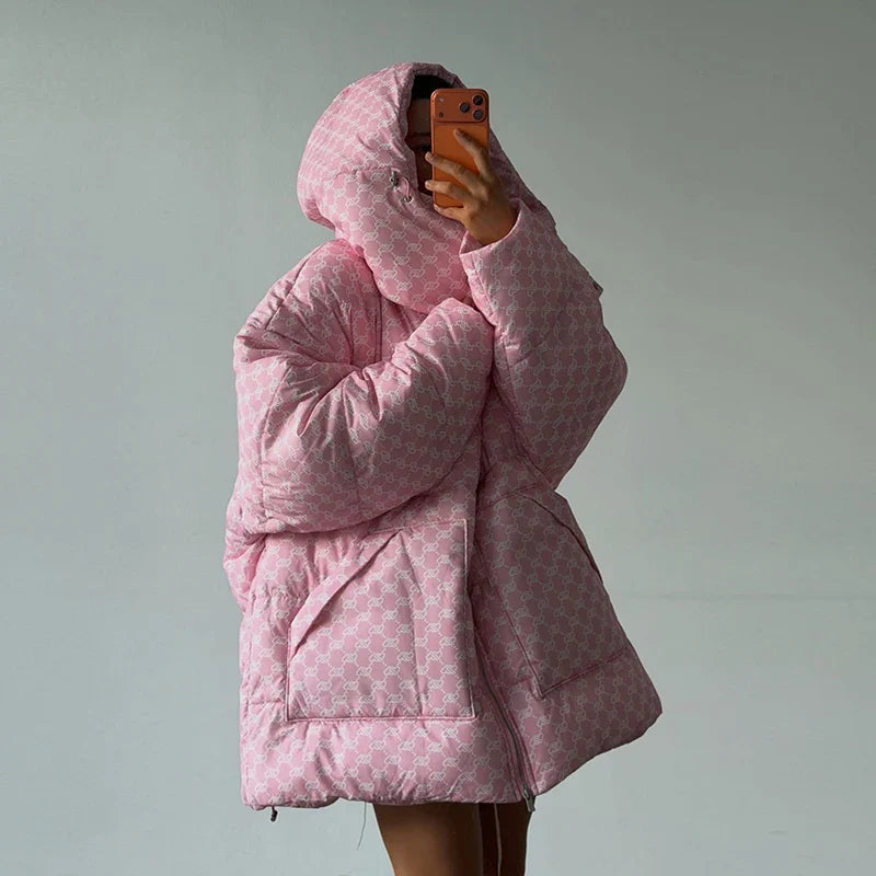 Damen Oversize Steppjacke Gemustert mit Kapuze