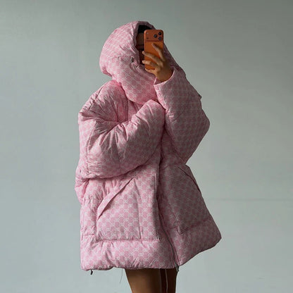 Damen Oversize Steppjacke Gemustert mit Kapuze