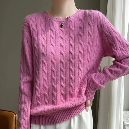 Damen Strickpullover Zopfmuster Rundhals Langarm