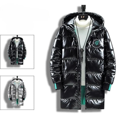 Unisex Langer Steppmantel Glänzend mit Kapuze
