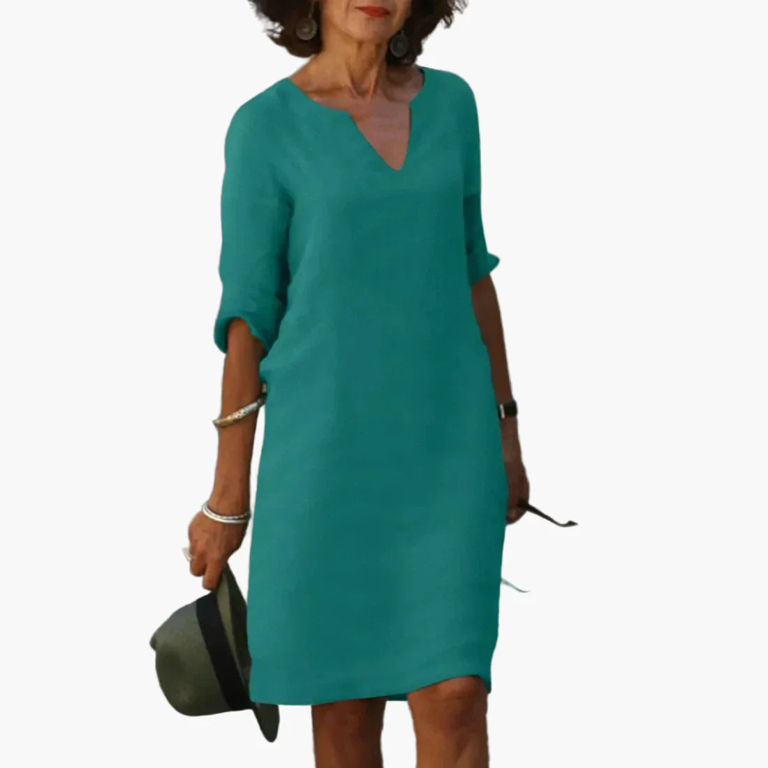 Damen Kleid mit V-Ausschnitt und 3/4-Ärmeln – Eleganter Freizeit- und Büro-Look