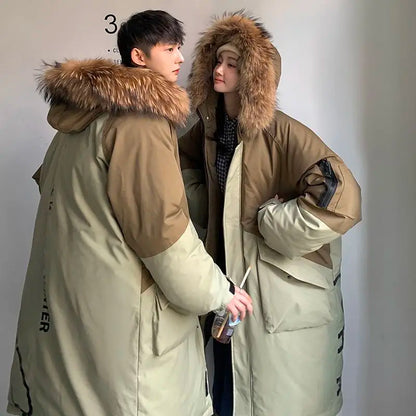 Unisex Winterparka mit Kapuze und Fellimitatbesatz – Zweifarbig, Langer Schnitt