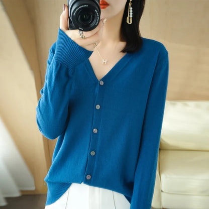 Damen Cardigan V-Ausschnitt Langarm Strickjacke mit Knöpfen