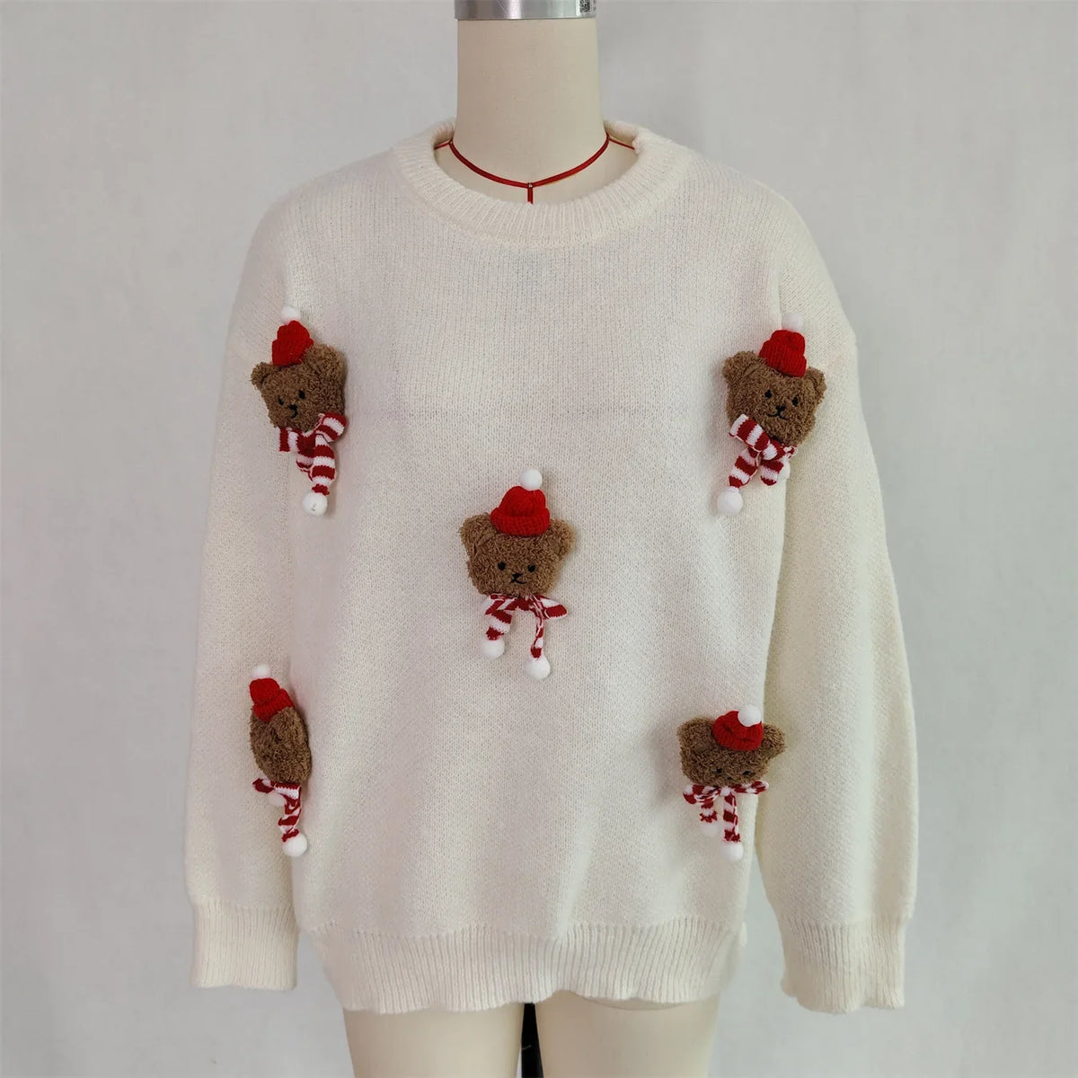 Damen Weihnachtspullover Strick Teddybär Applikationen Rundhals Rot