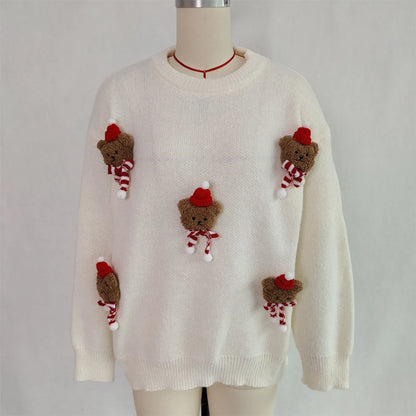 Damen Weihnachtspullover Strick Teddybär Applikationen Rundhals Rot