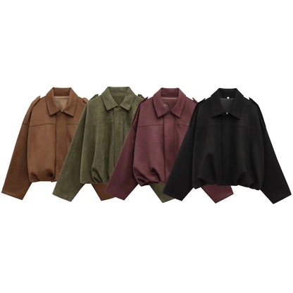 Damen Kurzjacke Oversize Cropped mit Kragen Braun